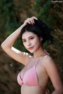 Hot Pink Bikini Top and White Short Pants - Taiwanese Model 