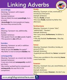 Linking Adverbs, Meanings and Example Sentences English grammar, Linking words, 