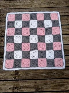 Crochet Pink Gray and White Gingham Baby Blanket Hand Made E