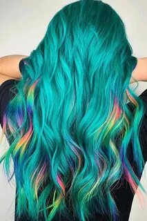 Teal With Rainbow Highlights #highlights #tealhair ❤ What ca