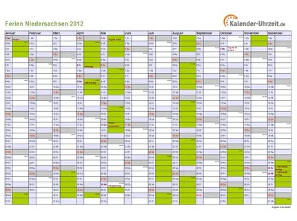 Ferien Niedersachsen 2012 - Ferienkalender zum Ausdrucken