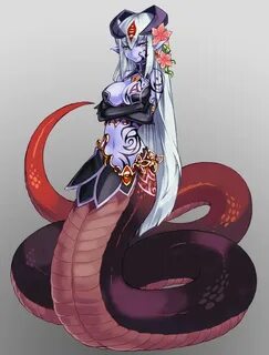 Dark red and purple Lamia with white hair, arms crossed Mons
