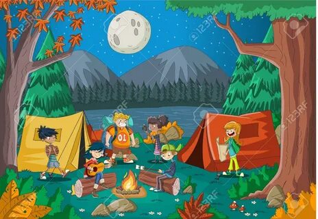 Cartoon Teenagers Around A Campfire At Night. Camping With K