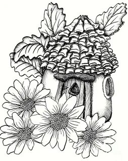 Fairy House with Pine Cone Roof and Daisies Drawing by Dawn 