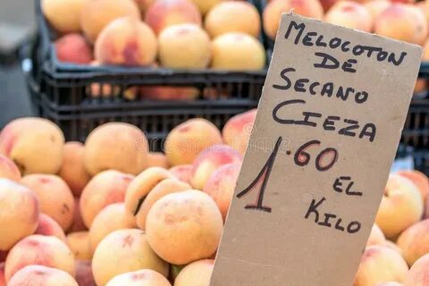 Peaches in Street Market Torrevieja, Spain Stock Image - Ima