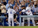Andre Ethier of the Los Angeles Dodgers celebrates with mana