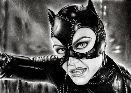 Portrait of catwoman, drawing made with pencil/graphite on p