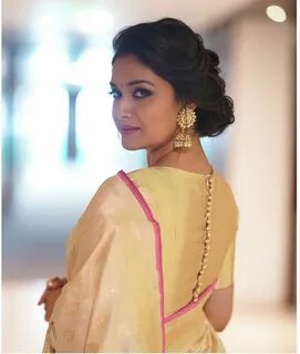 Keerthy Suresh Kerala saree blouse designs, Saree hairstyles