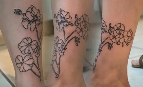 Black Outline Geranium Flowers Tattoo On Leg
