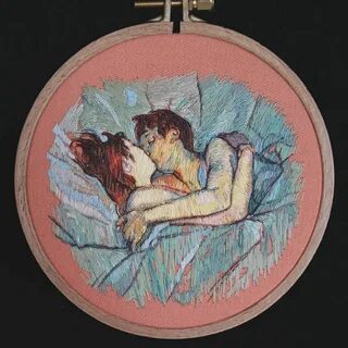 Embroidery reproduction of Henri de Toulouse Lautrec- In Bed The Kiss -1892...