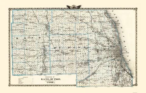 Historic Map of Kane Du Page Cook Counties Illinois - Warner