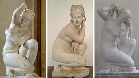 Three statues of Aphrodite crouching. 