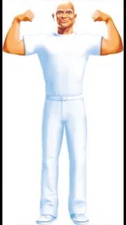 Mr. Clean is cleanly, bald man. He wears white symbolizing p