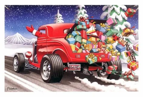 10 PACK HOT ROD CHRISTMAS CARDS #X11132 SANTA'S DELIVERY WIT