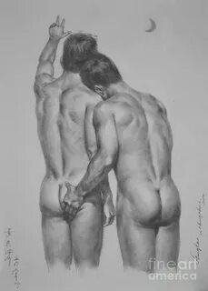 Original Drawing Sketch Charcoal Chalk Male Nude Gay Man Moo