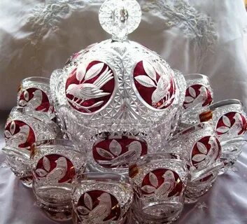 RARE Hofbauer German Ruby Red Bird Lead Crystal Punch Bowl w