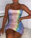 Colorblock Glitter Spaghetti Strap Ruched Bodycon Dress joys