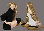 The Twin Rapunzel tied up with their hair (OC) by JohnHeavy 