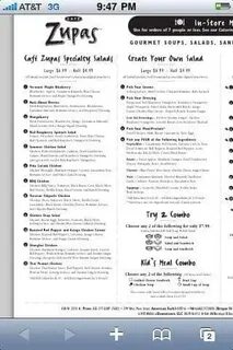 Menu at Cafe Zupas, Layton