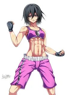 Safebooru - 1girl abs black hair bodybuilder gloves highres 