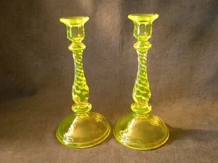 Pair of Tiffin Vaseline (Uranium) Glass "Spiral Optic" Candl