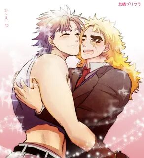 Safebooru - 2boys blonde hair blue hair brown eyes hug jojo 