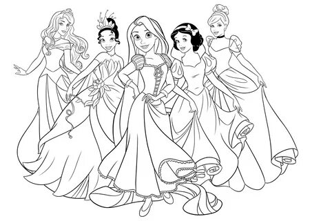Раскраска "Аврора, Тиана, Рапунцель, Белоснежка и Золушка" Colorear princesas di