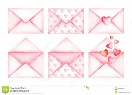 Cute Love Message Pink Envelopes. Watercolor Illustration St