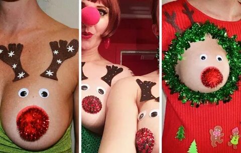 ugly christmas sweater with boob out.
