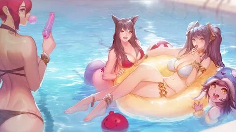 Wallpaper : pool party, bikini, League of Legends, Sona Leag