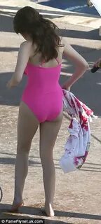 Anna Kendrick from Pitch Perfect in pink swimsuit while film
