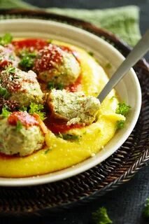 Baked Turkey, Mushroom & Quinoa Meatballs on Creamy Polenta 