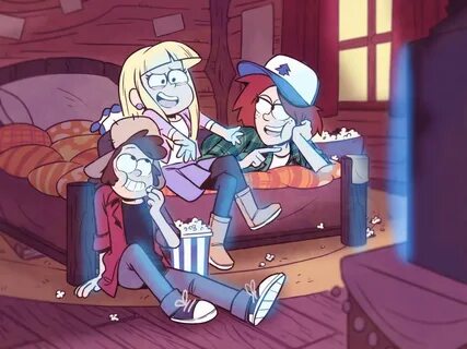 older Dipper, Pacifica, and Wendy watching movies Gravity Fa