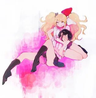 Safebooru - 2girls black hair blonde hair blue eyes bow dang