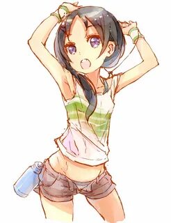 Safebooru - :o armpits arms up black hair bottle hair orname