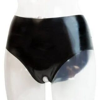 Zwarte latex rubber crotchless bikini slipje slipje onderbro