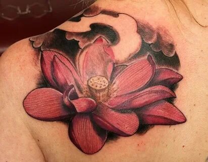 Realistic red lotus tattoo on shoulder blade - Tattoos Book 