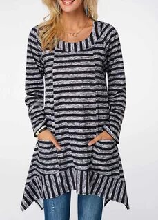 Asymmetric Hem Long Sleeve Striped Blouse Trendy fashion top