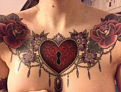 Womens middle chest tattoo.