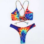 Women Flame String Strap Tie Dye Thong Two Piece Bikini Set 