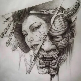 Girl taking off japanese mask tattoo