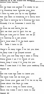 Country Music:Leaving On A Jet Plane-The Kendalls Lyrics and