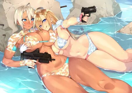 2girls bikini blonde hair blue eyes blush breast grab dark s