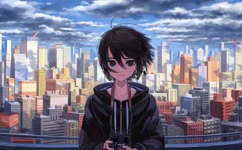Download 1680x1050 Anime Cityscape, Buildings, Boy, Camera, 