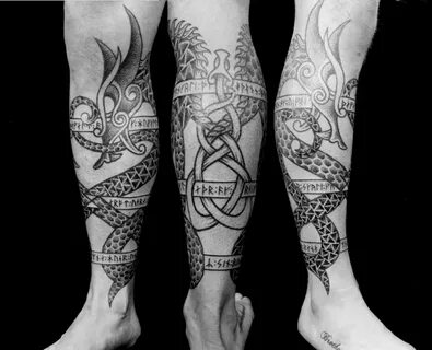 Wikinger Drachen Tattoo Fuß Runen Wade Mann Viking dragon ta
