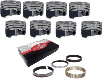 GM CHEVY SBC 350 5.7L COATED SKIRTS FLAT TOP PISTONS WITH RI
