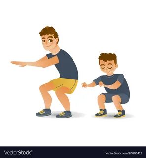 Cartoon man and boy kid doing squat Royalty Free Vector