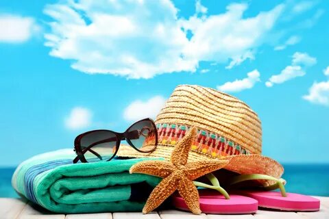 Скачать обои summer, beach, hat, sun, blue sky, glasses, vac