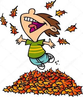Cartoon Boy Jumping in Leaf Pile Stock Vector Image by © ron