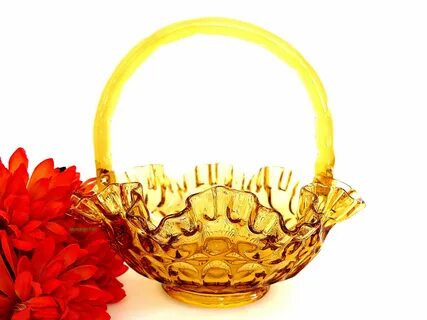 Vintage Fenton Amber Glass Basket Colonial Thumbprint Patter